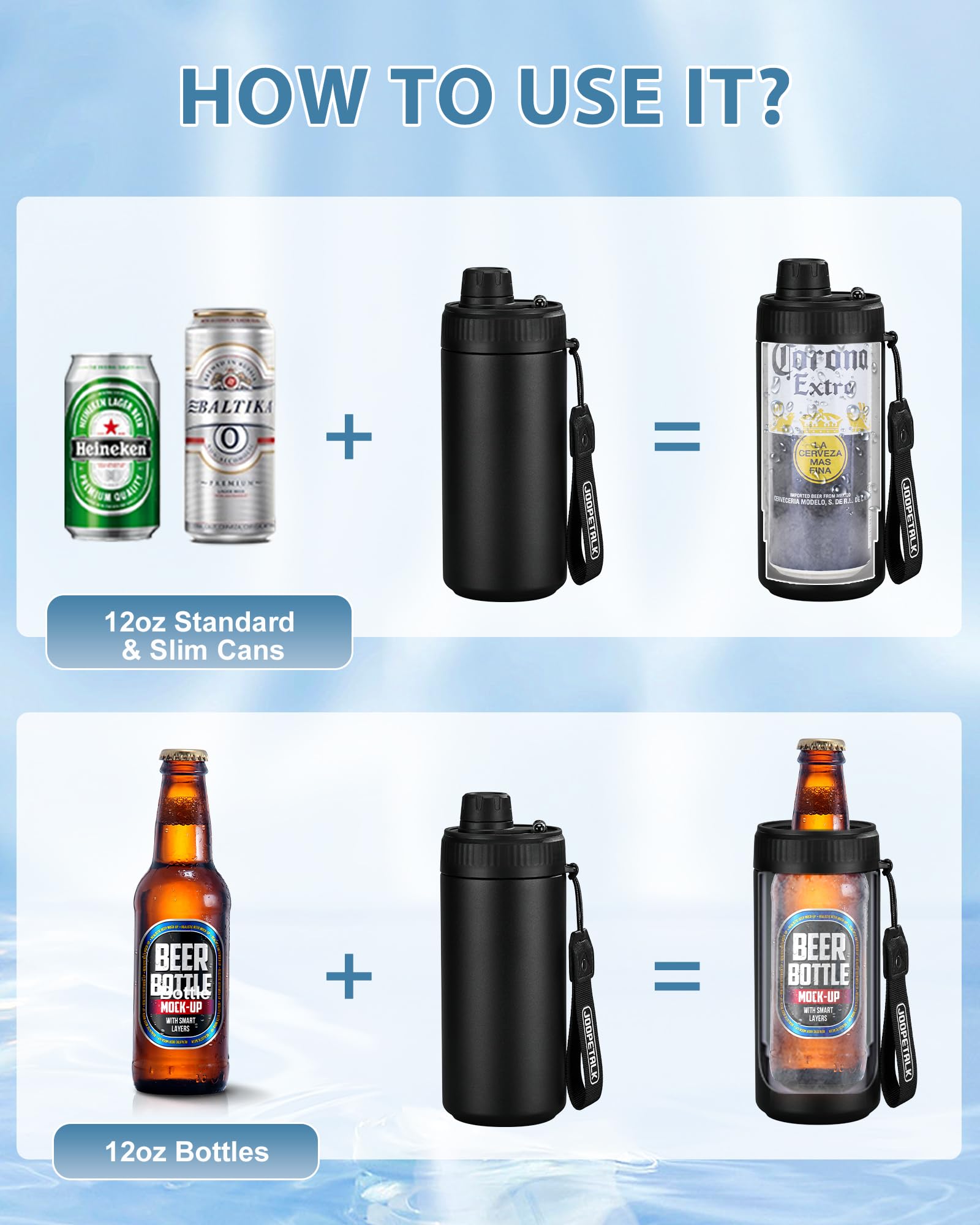 JOOPETALK Universal Can Cooler with Lid Fits All 12oz Cans& Bottles, 100% Leak-Proof Water Bottle, 4-in-1 Insulated Can Cooler for Beer, Soda & Energy Drinks, Dishwasher Safe(Black)