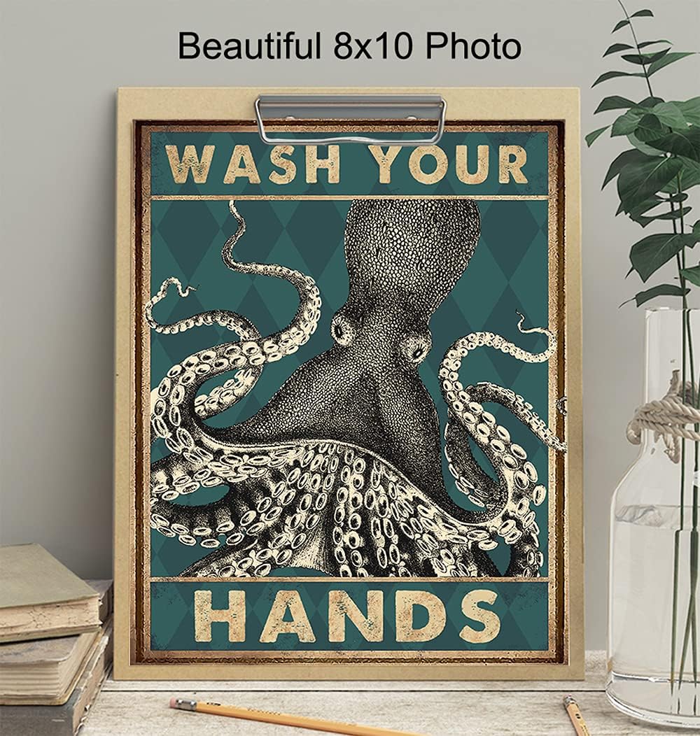 Octopus Nautical Bathroom Wall Art - Funny Beach Decor | Unique Wash Your Hands Sign - Cute Restroom Artwork