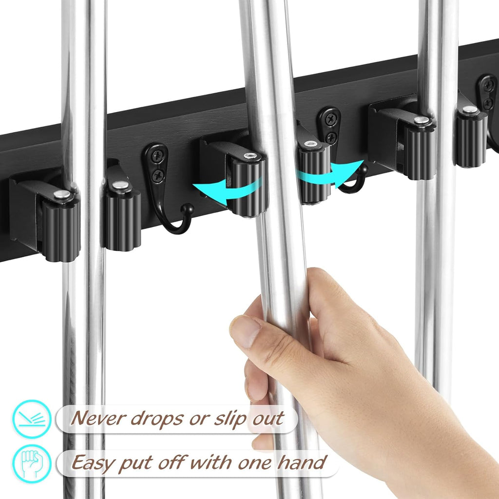 OUTNILI Mop Broom Holder Wall Mount - 2 Pack Black Organizer with 4 Slots & Hooks for Garage, Closet, Laundry Room