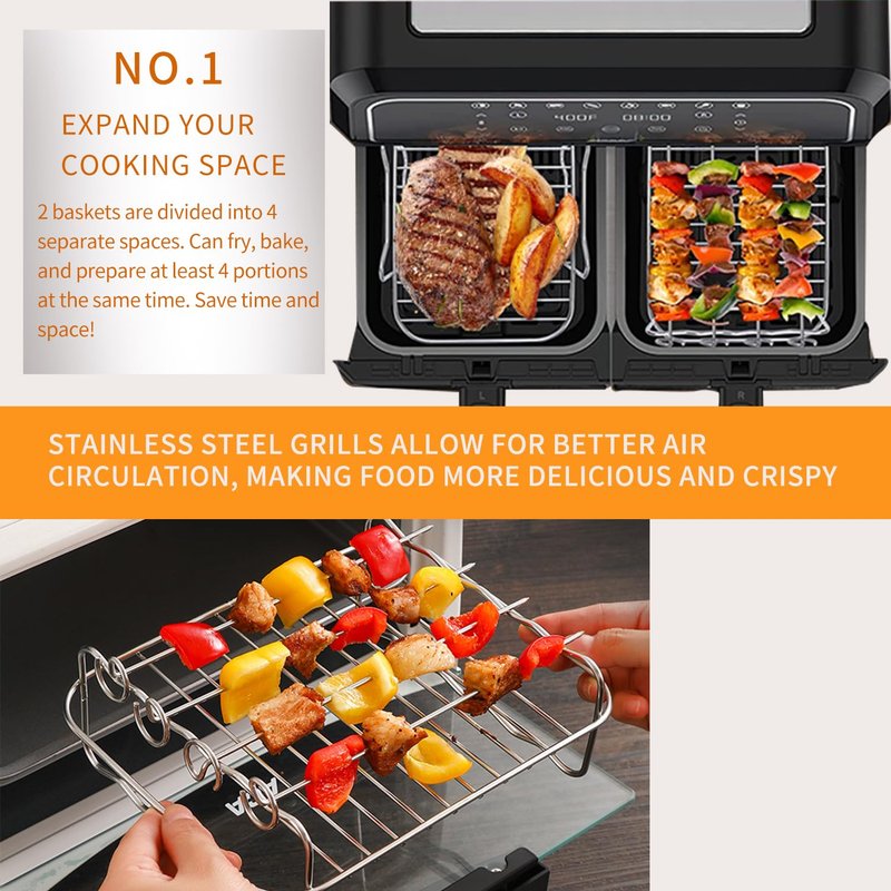 Dual Zone Air Fryer Accessories, 2pcs Air Fryer Rack with 100pcs Air Fryer Paper Liners Compatible with Ninja Foodi Air Fryer DZ201, DZ401, 5 pcs Double Basket Air Fryer Accessories