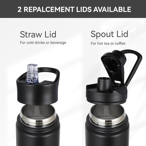 HASLE OUTFITTERS Insulated Water Bottle 16 oz Double Wall Vacuum Stainless Steel Water Bottle Leak Proof Wide Mouth with Straw Lid & Spout Lid Keeps Cold and Hot(Black,1pack)