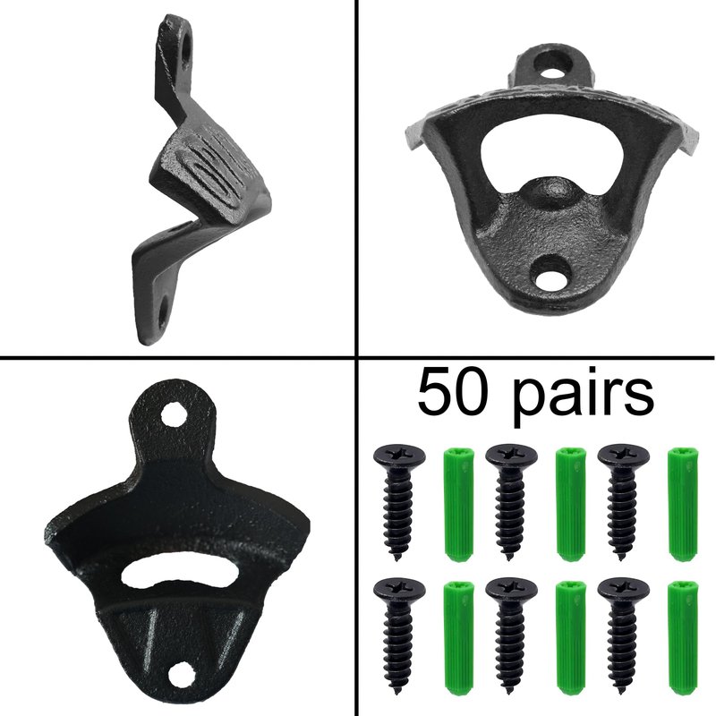 Jumiok 50 Packs Black Cast Iron Beer Bottle Opener Wall Mounted Soda Cap Opener Bulk Open Here for Bar DIY Board Table Cooler