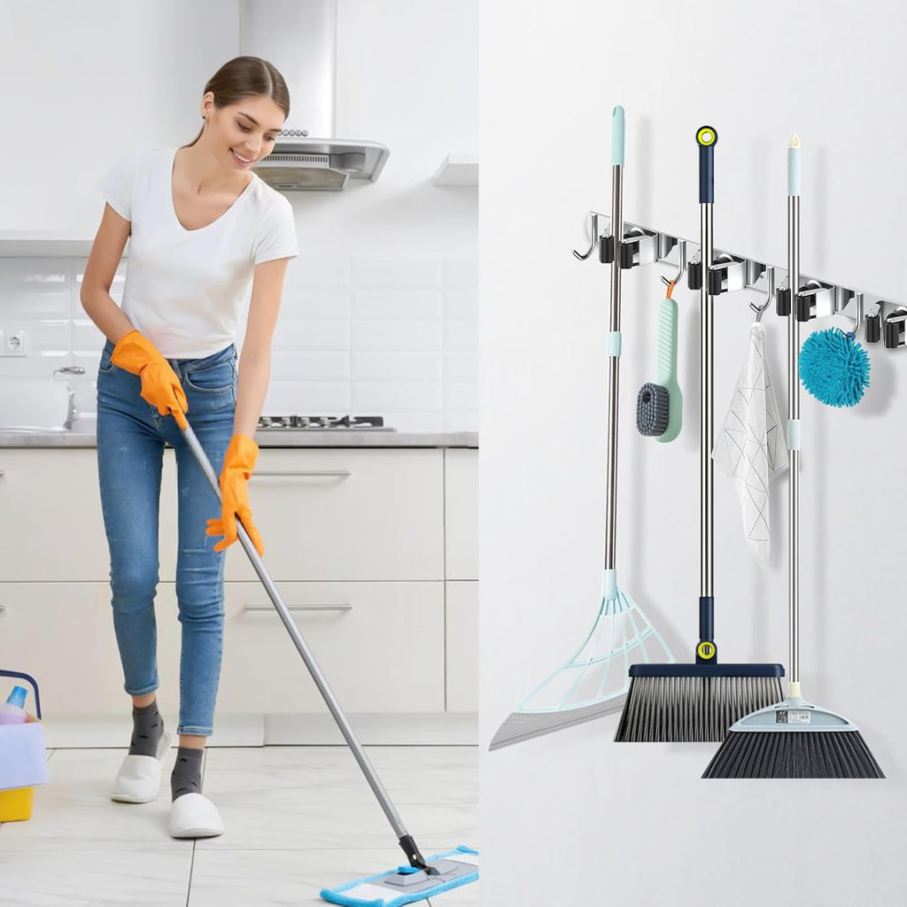 Nacena Broom Holder - Wall Mount Mop Hanger with 4 Racks & 5 Hooks | Heavy-Duty Stainless Steel Organizer for Home