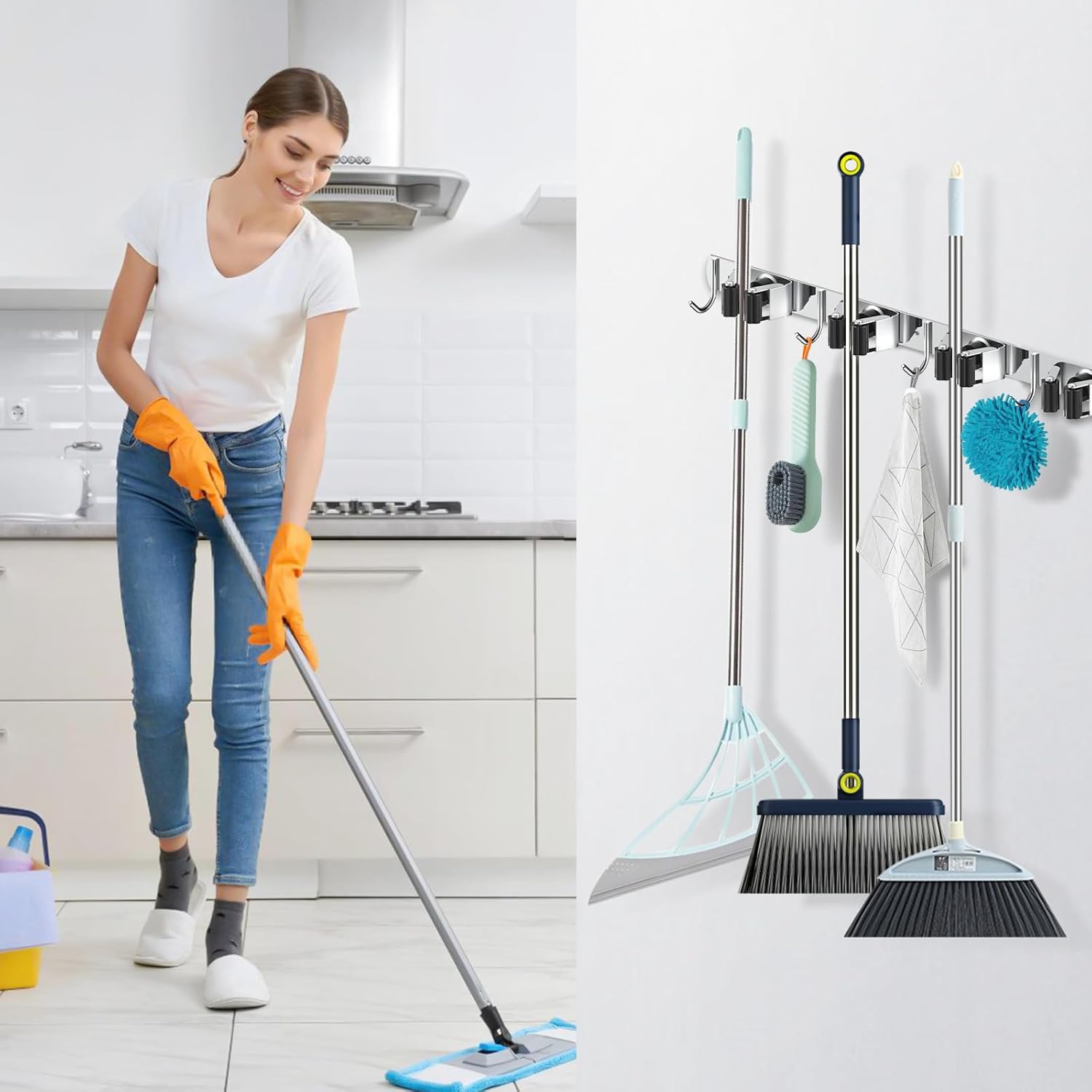 Nacena Broom Holder - Wall Mount Mop Hanger with 4 Racks & 5 Hooks | Heavy-Duty Stainless Steel Organizer for Home