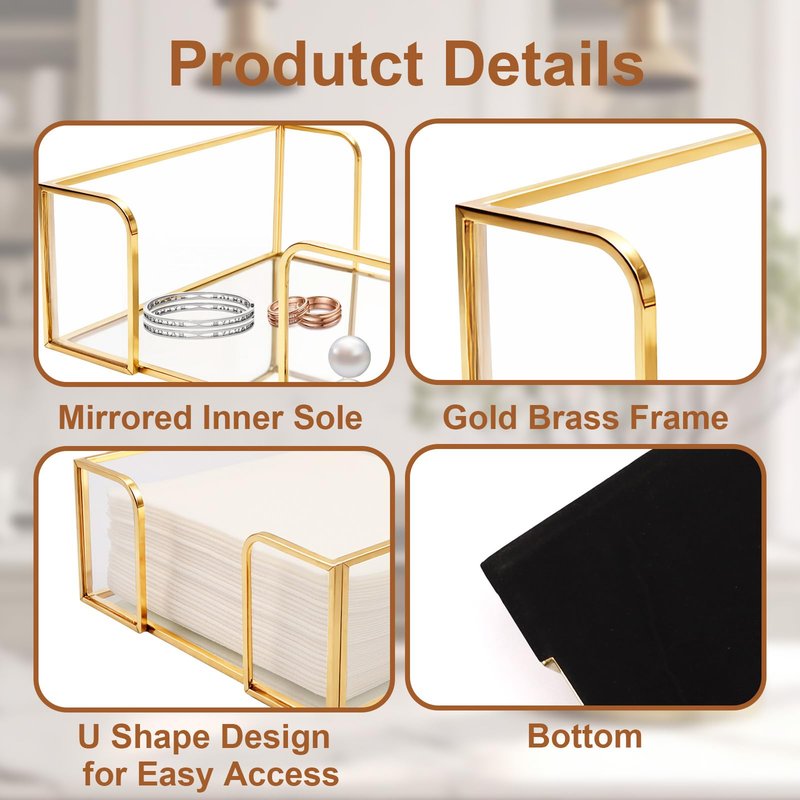 Shonmogar Cocktail Napkin Holder,Gold Square Napkin Holder Fit for 5”x5” Cocktail-Sized Napkins,Glass Napkin Holders for Kitchen Counter Table Party Bar Decor