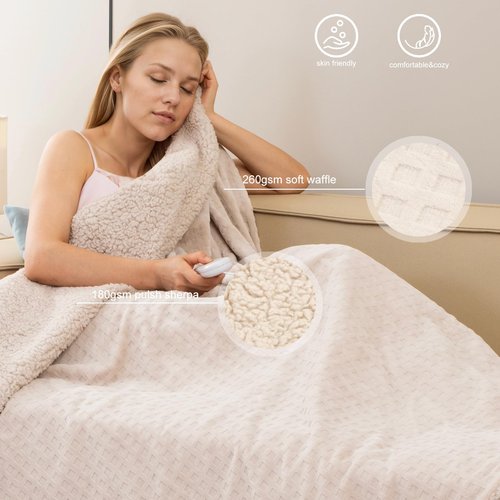 Dowin Heated Blanket Electric Blanket - Throw Size Waffle Fleece Heating Warming Blankets with Auto Shut Off for Couch Office Chair Bed Adults Fuzzy Cozy Machine Washable 50x60 Khaki