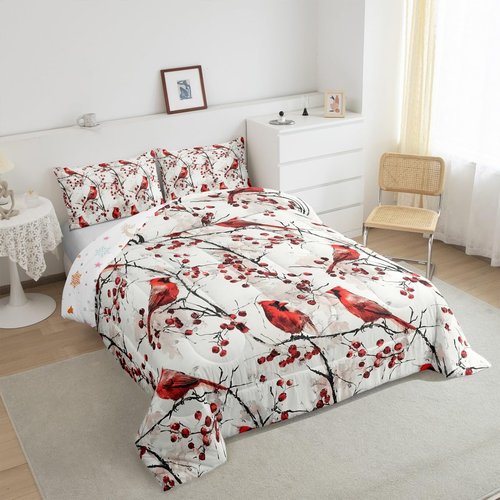 Feelyou Red Cardinal Bedding Set Queen Size Kids Cardinal Birds Comforter Set Boys Girls Christmas Birds Comforter Red Fruit Winter Rustic Country Farm Animal Quilt Set