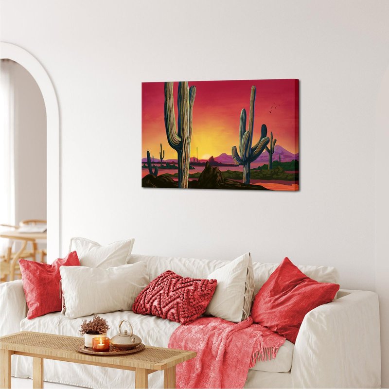 iHAPPYWALL Large Saguaros Landscape Canvas Wall Art Sunset Arizona Cactus Orange Background Sonoran Desert Picture for Home Bedroom Decor Ready to Hang 24x36inch