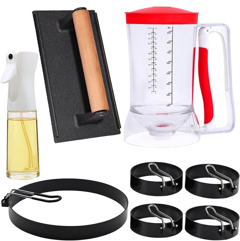 Griddle Breakfast Kit for Blackstone, 8 Piece Griddle Accessories Set, Include Pancake Batter Dispenser, Heavy Duty Bacon Press, Egg Rings, Large 8" Pancake Ring,Oil Sprayer