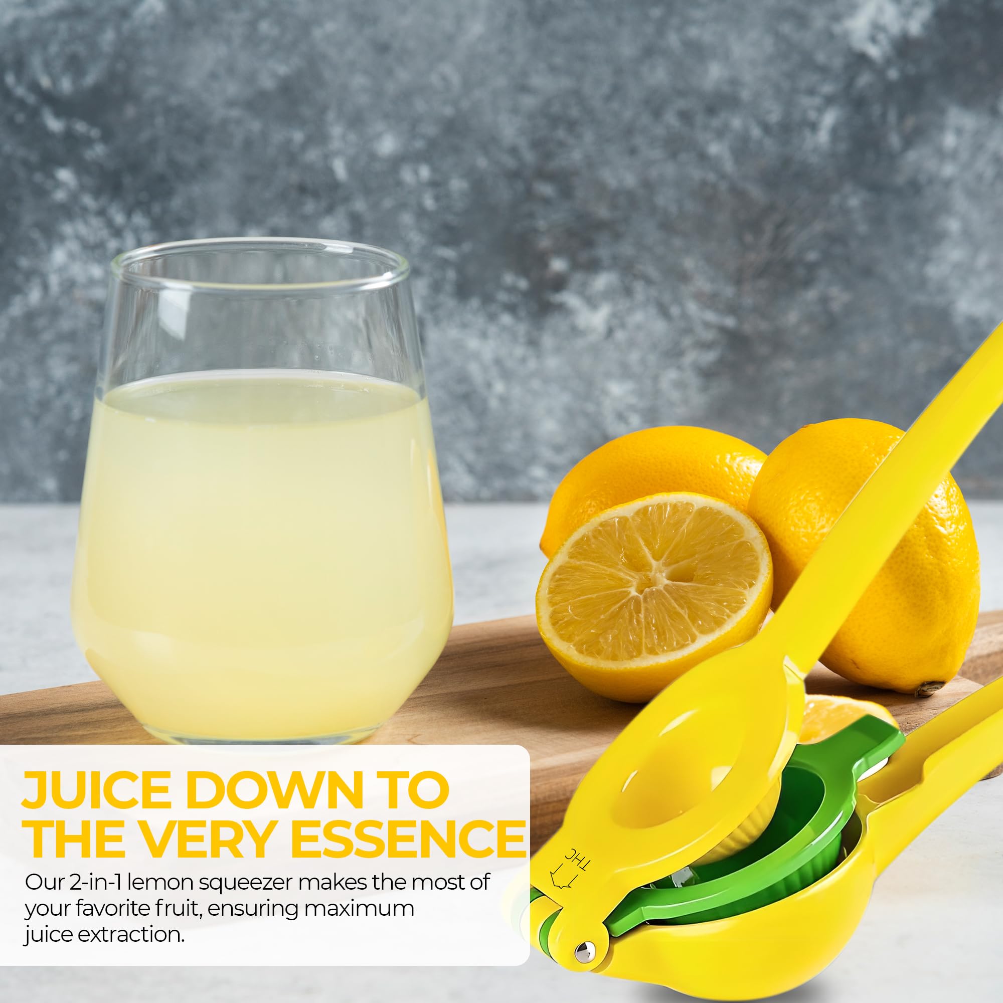 The HomeFlow Co.’s 2-in-1 Lemon & Lime Squeezer, Heavy-Duty Manual Citrus Juicer, High-Extraction Hand Press with Seed Filter, Durable Metal, Dishwasher-Safe, Easy To Use & Clean (Yellow & Green)