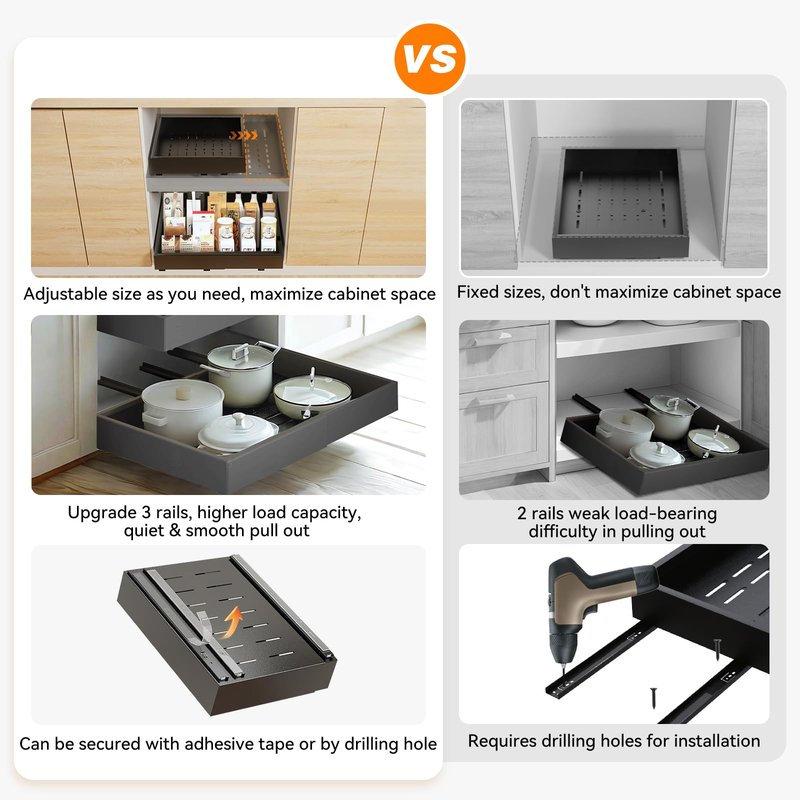 2 Pack 21'' Deep Pull Out Cabinet Organizer Expandable Width (12.6'' to 21'') Slide Out Drawers Pull Out Drawers Fixed with Adhesive Nano Film or Nail for Kitchen Bathroom Organization, Black