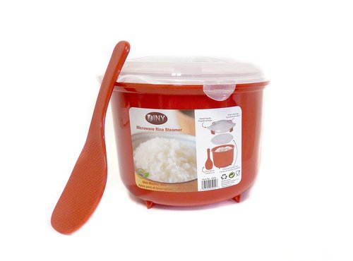 Microwave Rice Steamer Cooker BPA-Free – 2.6L (87.9oz) Red Rice Maker with Lid and Spoon – Dishwasher Safe Microwaveable Cooker for Basmati, Spanish, Indian Rice, Pasta, Ramen, and Vegetables