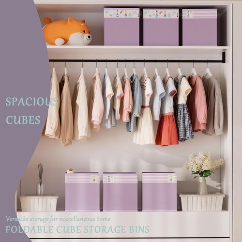 Homyfort Storage Cube Bins - 11x11 Inch Fabric Organizer Baskets with Handles for Clothes & Toys | Purple