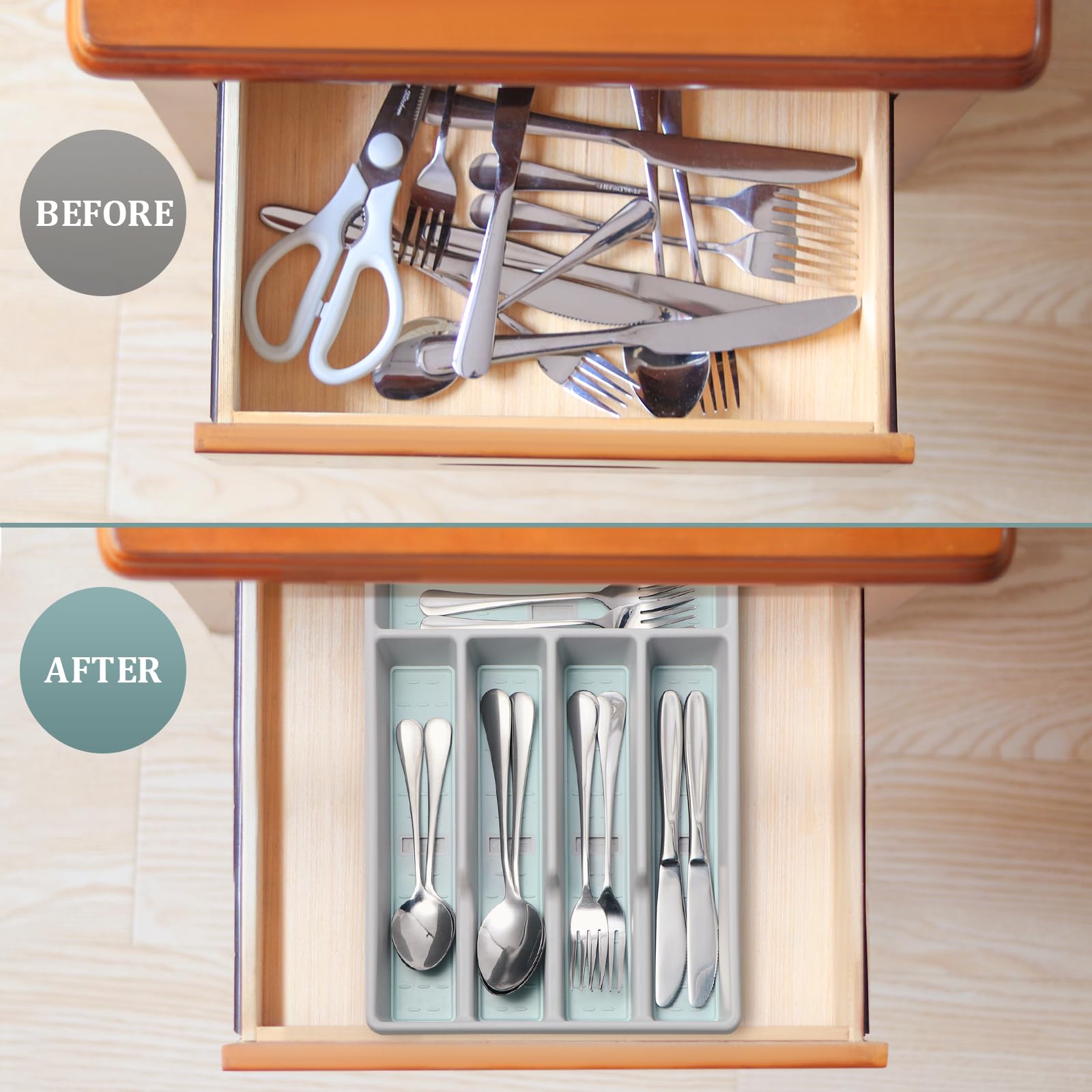 Silverware Organizer with Cutlery Icons，Silverware Tray for Kitchen Drawer，Flatware Tableware Cultery Drawer Organizer Utensil Organizer with Non-slip TPR Linings，Kitchen Organization Essentials