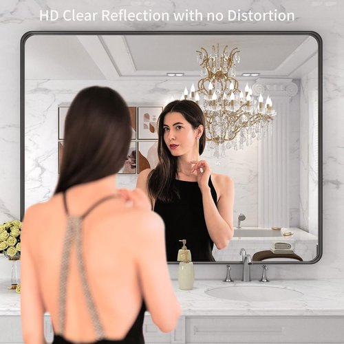 LOAAO Black Metal Framed Bathroom Mirror - 48x36 Inch Rounded Rectangle, Anti-Rust Tempered Glass, Versatile Hang