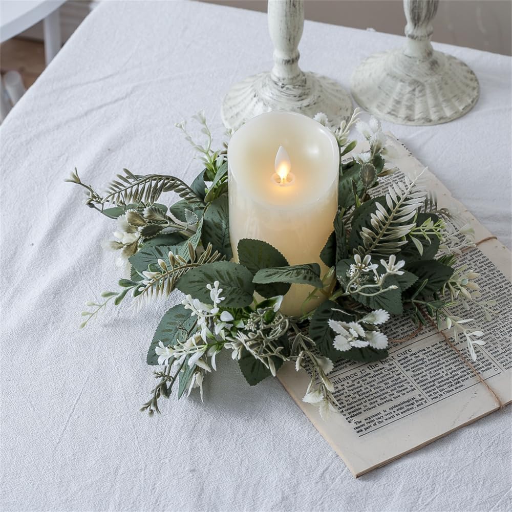 Skiennix 10-Inch Artificial Eucalyptus Leaves Wreaths - Boho Candle Rings for Home Decor (Green, 2-Pack)