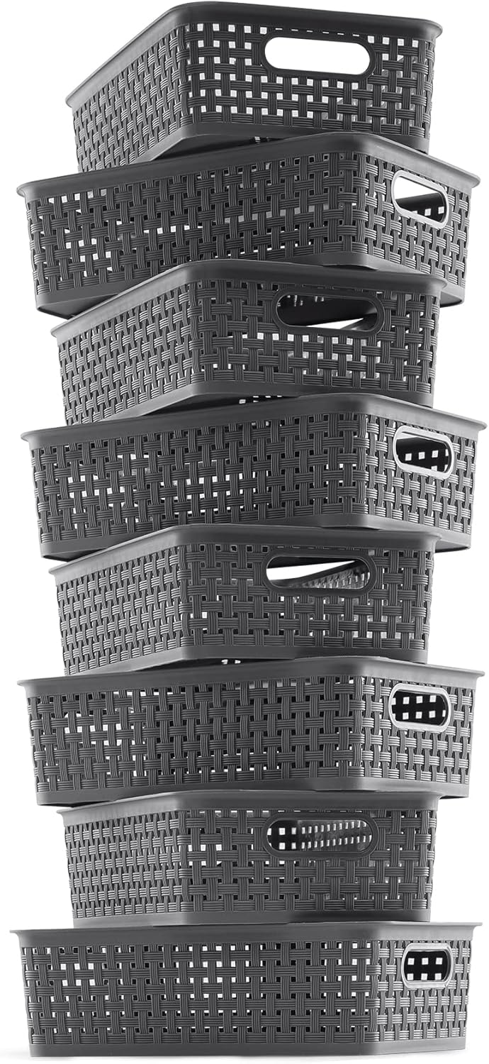 NETANY Plastic Storage Baskets - 8 Pack, Durable Gray Baskets for Easy Organization | Multi-Purpose Use