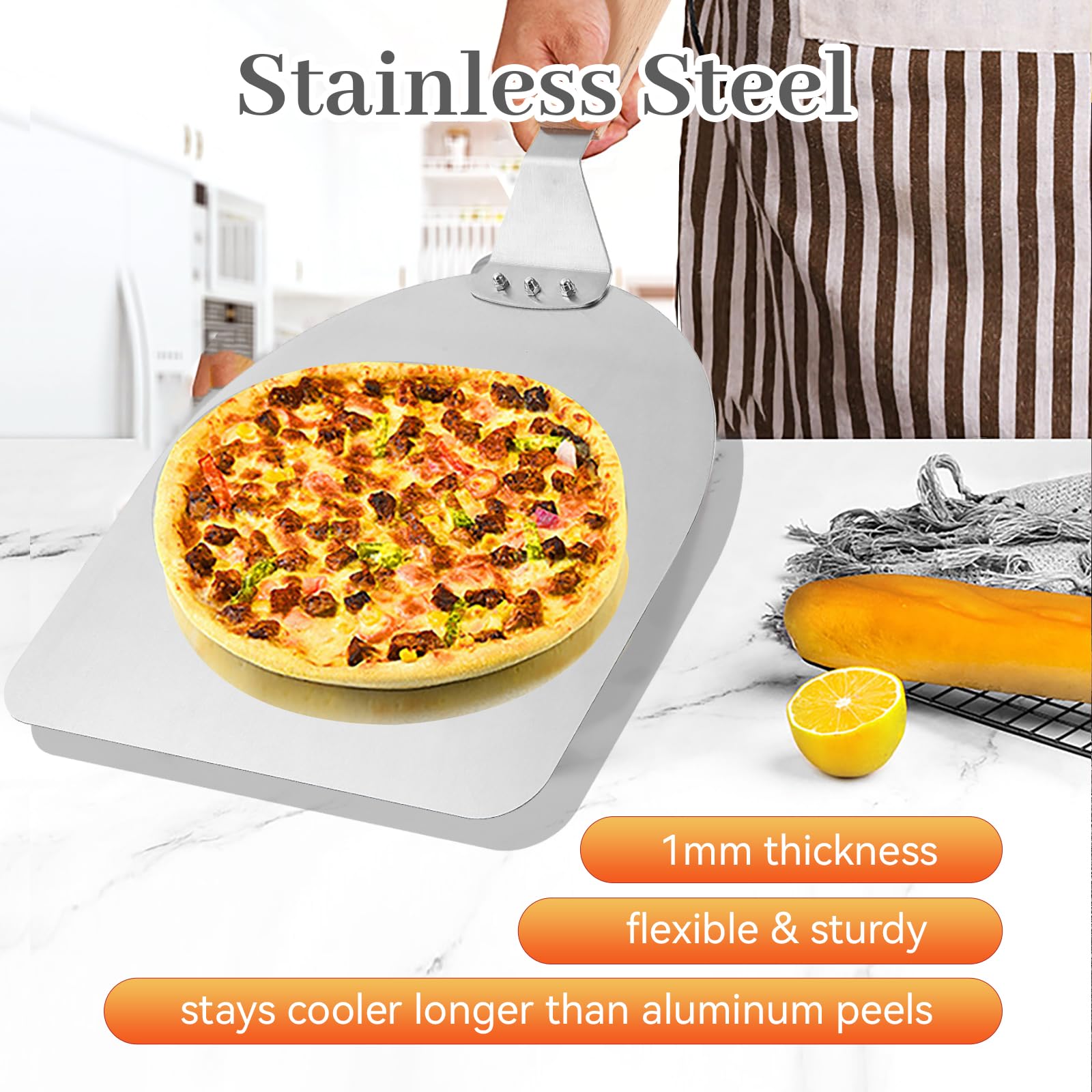 FLYZZA 12 Inch Square Pizza Peel, Stainless Steel Pizza Spatula with Ergonomic Long Wood Handle for Pizza Oven Baking, Turing Peel for Pizza, Dough, Bread Pastry