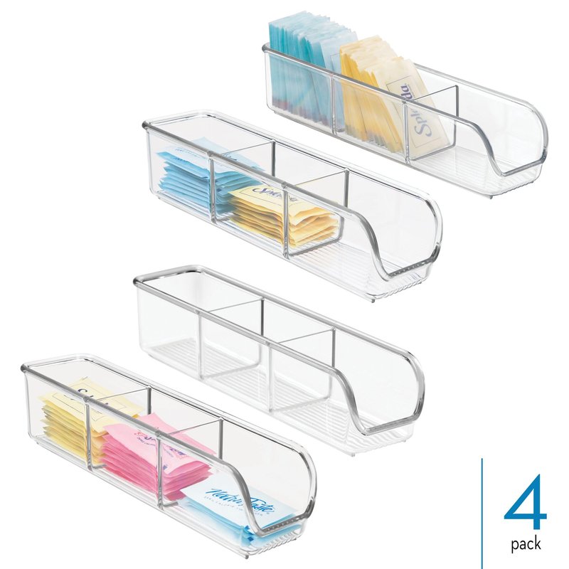 iDesign 3-Section Sugar Packet and Tea Bag Holder for Kitchen or Pantry Storage - Set of 4 - Clear