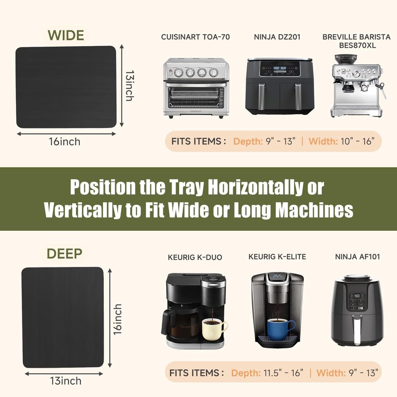 360° Rolling Tray for Coffee Maker, Sliding Tray Countertop Appliance Slider with Rubber Wheels for Heavy Kitchen Appliances, Easily from Under Cabinet (13" W x 16" D, Black)
