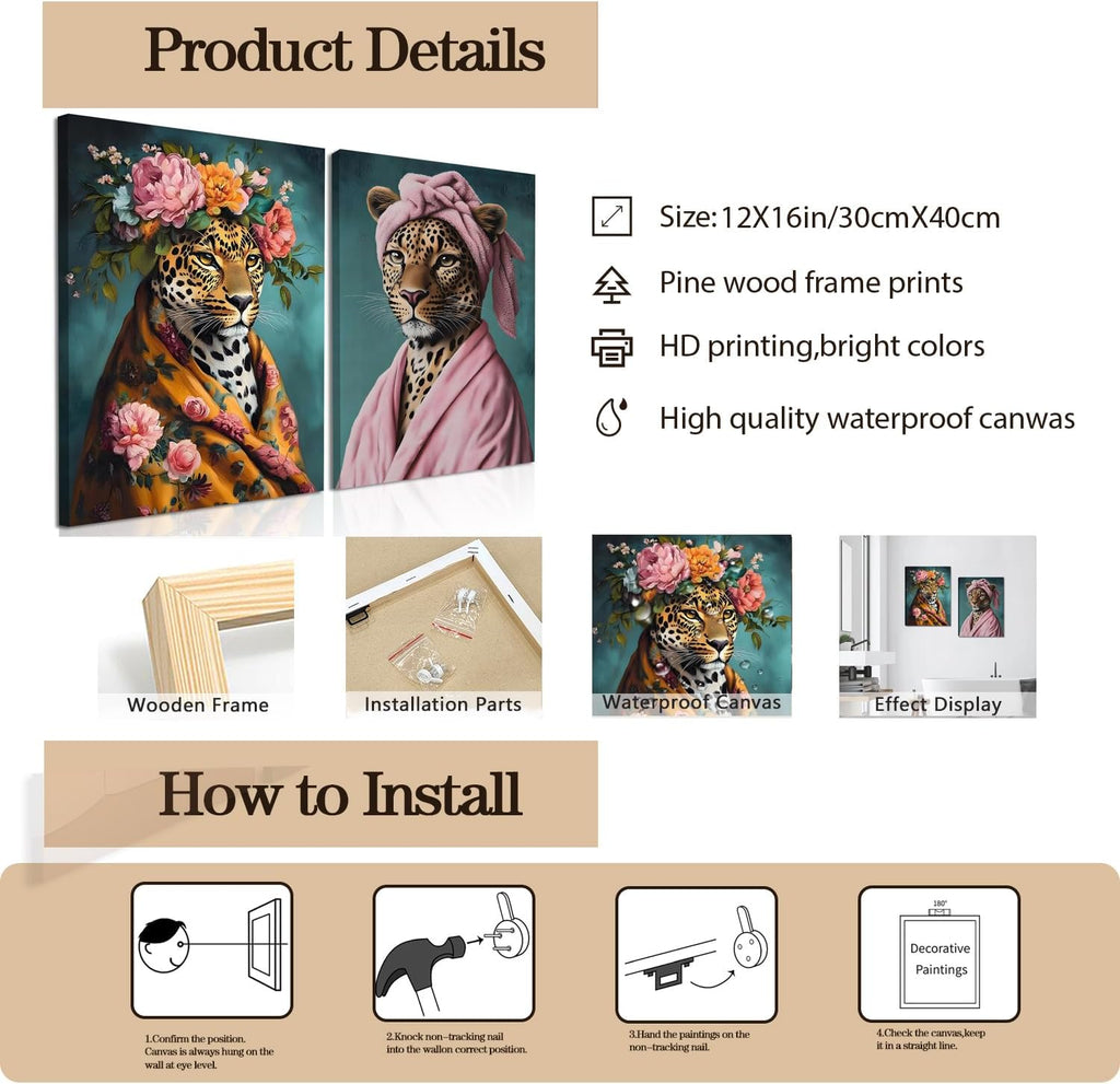Regine Switzerland Funny Leopard Bathroom Wall Art Set - Eclectic Animal Canvas Prints | 12x16 Inch Framed Decor