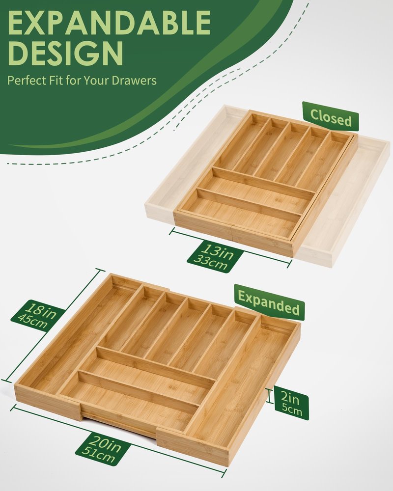 Upolana Premium Bamboo Expandable Drawer Organizer, 7-9 Slots Adjustable Kitchen Drawer Organizer for Large Cooking Utensils Cutlery, Kitchen Drawer Organization