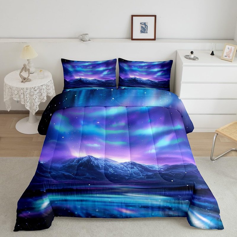 Feelyou Northern Light Comforter Set Soft Galaxy Bedding Set Blue Purple Starry Sky Aurora Decor Quilted Duvet Bed Set with Comforter for Girls Boys Bedroom (Twin, 2 Pieces)