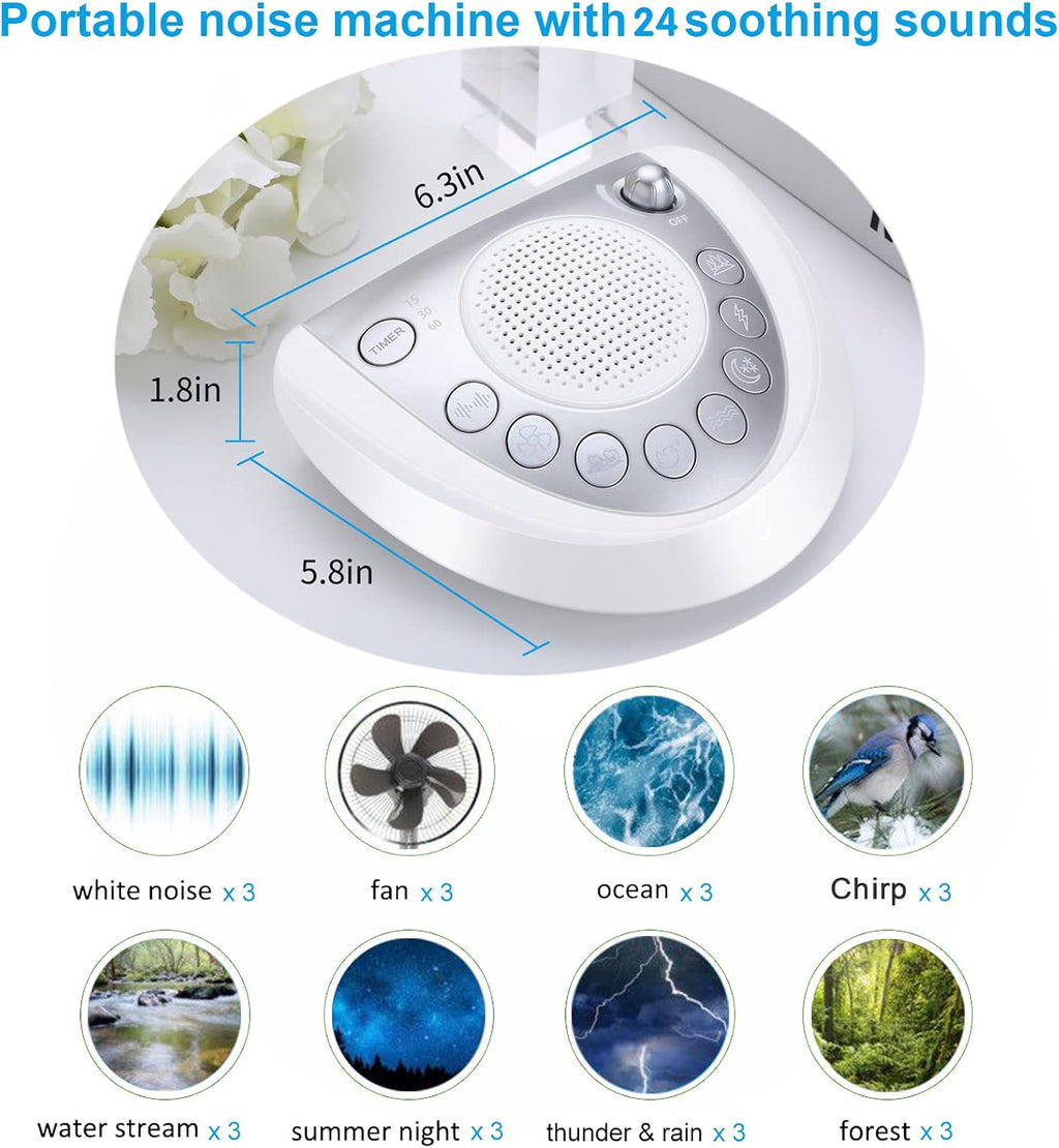 Raynic White Noise Machine - Portable Sleep Sound Device with 24 Soothing Sounds | USB Port & Timer, Silver