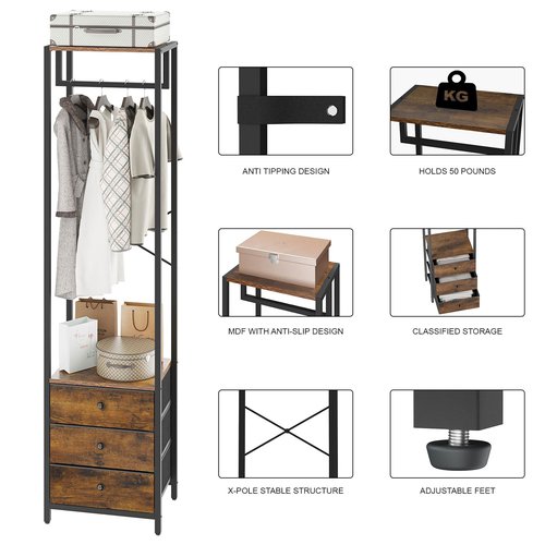 YMYNY Garment Rack, Clothes Rack with Drawers, Freestanding Tall Closet Organizer with 3 Fabric Drawers, Clothes Stand for Hanging Shirts, Coat,15.35" L×11.41" W×70.47" H, Rustic Brown UHGR001H