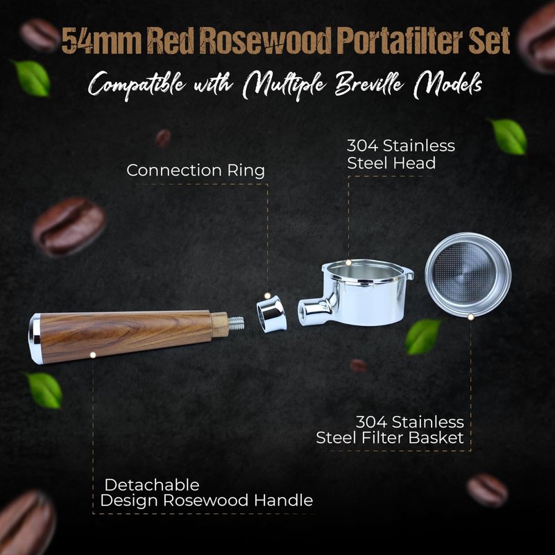54mm Bottomless Naked Portafilter Red Rosewood Set – Compatible with 54mm Breville machines – Includes 18g Filter Basket, Calibrated Tamper with 30lbs Spring Loaded & 1.7mm Puck Screen