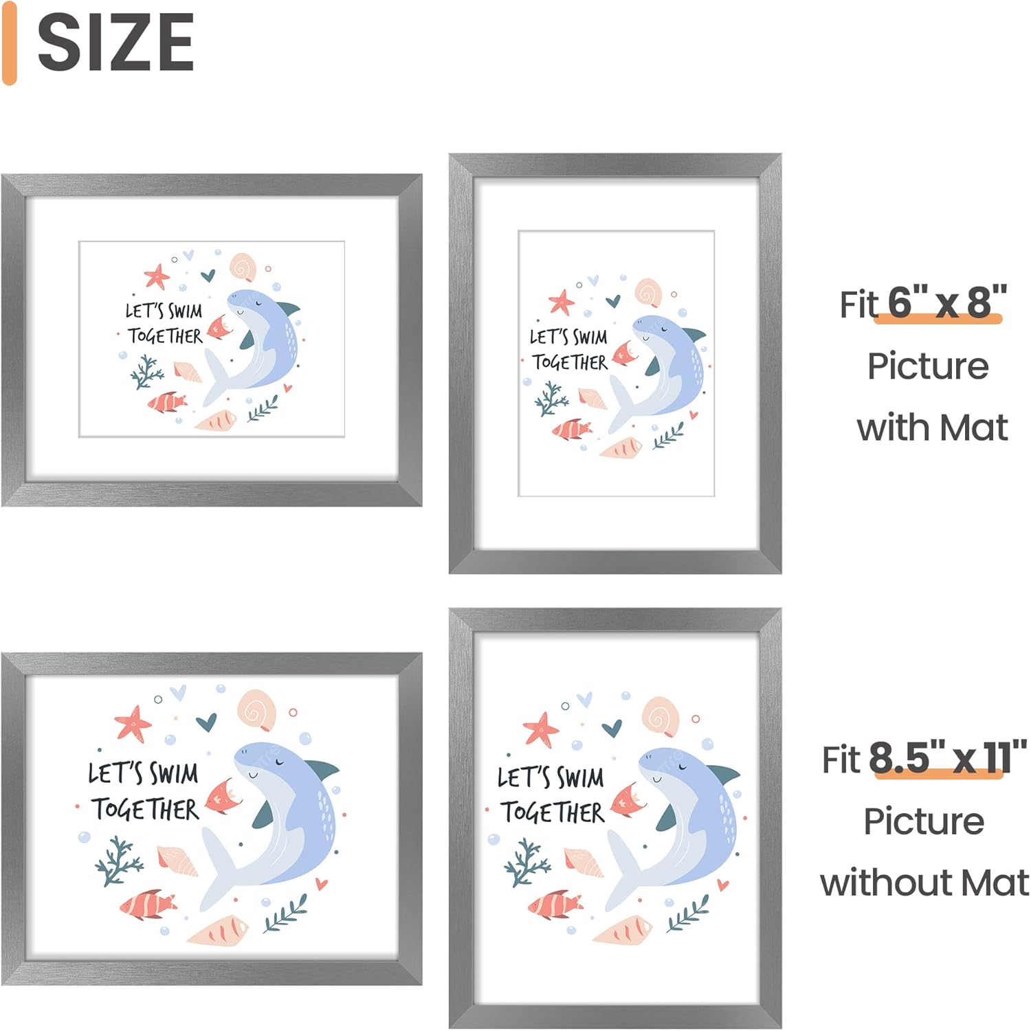 Upsimples 8.5x11 Picture Frame - Versatile Display for 6x8 Photos with Mat or 8.5x11 Without | Metallic Gray
