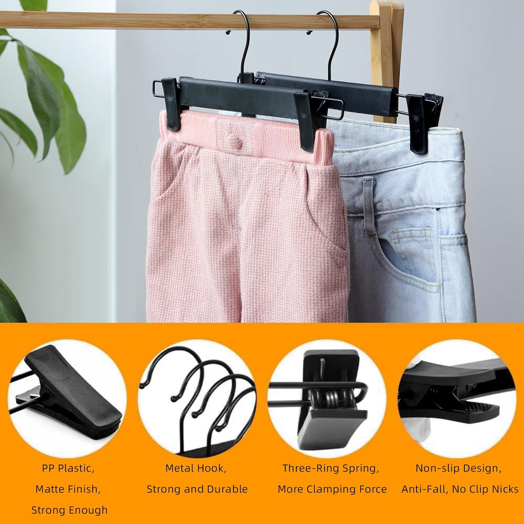 Northern Brothers Pants Hangers - 10 Pack Black Plastic Hangers with Clips | Adjustable, Non-Slip Design for Space Saving Storage