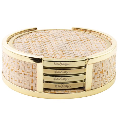 Lilly Pulitzer Gold and Raffia Coasters for Drinks with Holder, Cute Coaster Set of 4, Decorative Coasters for Coffee Table Protection, Raffia