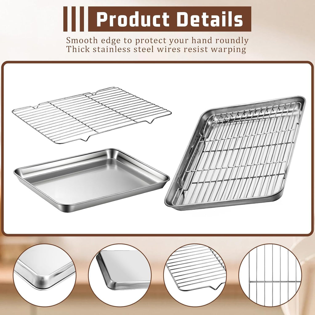 Stainless Steel Baking Sheet Set by [Brand Name] - 2 Pans & Racks, Rust-Free, Nonstick | 12.4 x 9.6 x 1.2 Inch