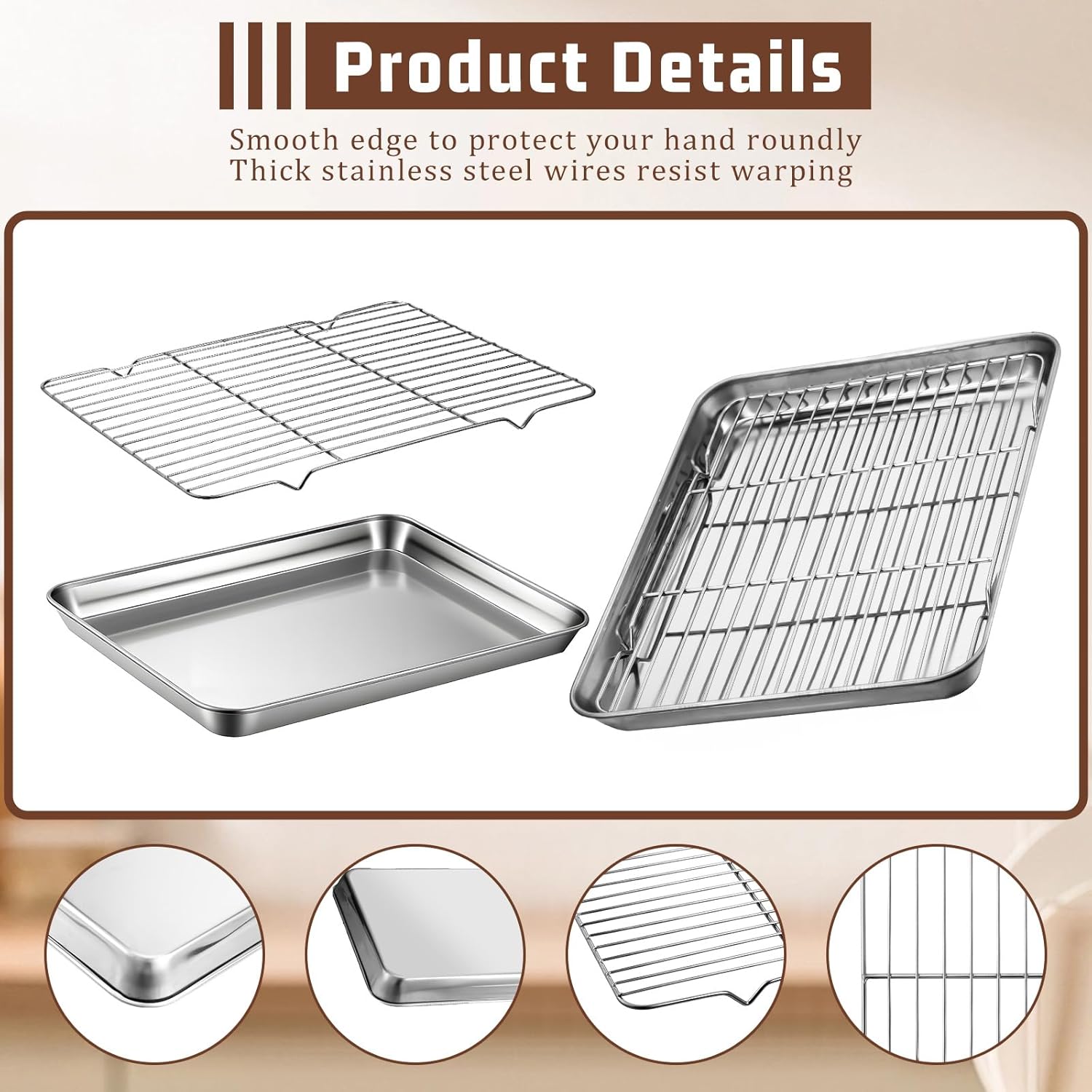 Stainless Steel Baking Sheet Set by [Brand Name] - 2 Pans & Racks, Rust-Free, Nonstick | 12.4 x 9.6 x 1.2 Inch