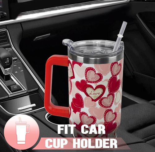 Nqhsionv Valentines Tumbler with Handle 40 oz Red Love Hearts Coffee Travel Mug Stainless Steel Insulated Cup Valentines Anniversary Wedding Birthday Gifts for Women