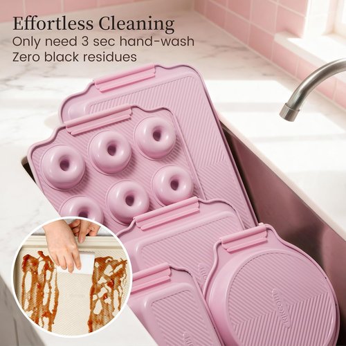 Kikcoin 25 PCS Non-Stick Baking Pans Set - Durable Silicone Handles | Oven Safe to 450°F, Pink