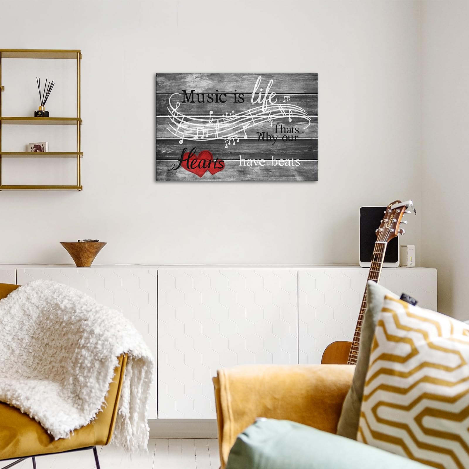 SkenoArt Music Canvas Wall Art Musical Theme Inspirational Wall Art Music is Life That is Why Our Hearts Have Beats Picture for Bedroom Home Living Room Wall Decor 24"x36"
