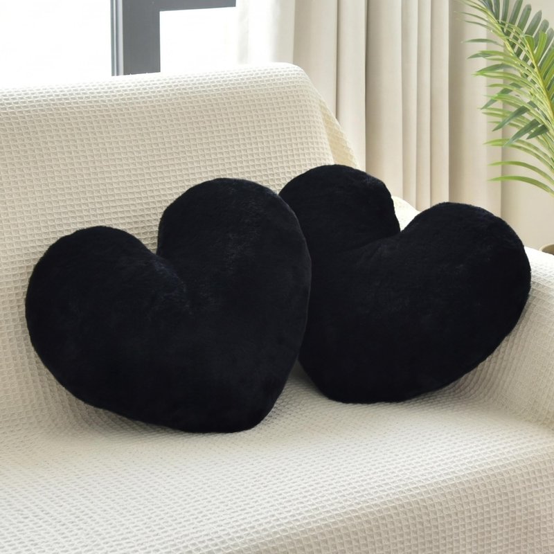 JZNEXD 2 Pcs Black Heart Pillow Decorative Throw Pillows 16-inch Cute Soft Fluffy Heart Shaped Pillows for Bed Couch Sofa Bedroom Living Room Decor Aesthetic (Black, 16"x13.78")