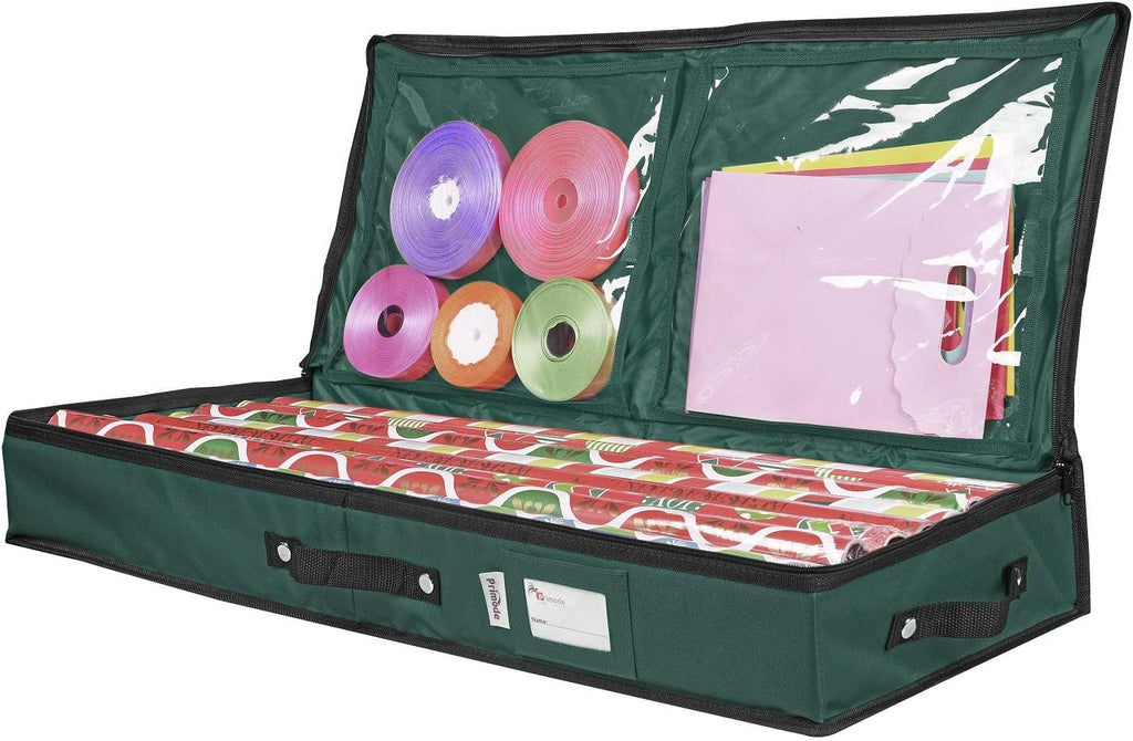 Primode Wrapping Paper Storage Container - Under Bed Gift Wrap Organizer for 30-Inch Rolls | 31”x13.5”x4.5” | Durable 600D Oxford Material with Pockets for Ribbons and Bows (Green)