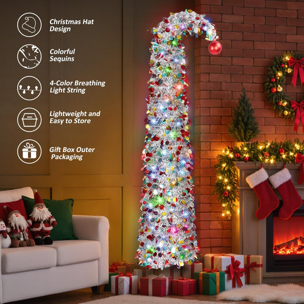 NEXSTRON 5Ft Pop Up Christmas Tree Collapsible with Lights, Easy Pull Up Christmas Tree Foldable with 150 Color Lights, Colorful Silver Pencil Skinny Tinsel Xmas Tree with Storage Box for Apartments