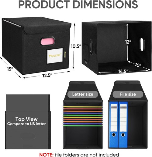 BALEINE File Organizer Box - Collapsible Document Storage with Lid & Plastic Slide | Black, 1 Pack