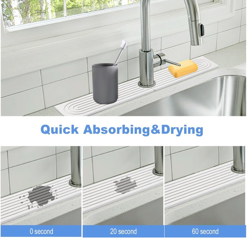 Stone Faucet Mat for Kitchen Sink- 15.6''x 3.9''Diatomite Fast-Drying Faucet Mat, Super Water Absorbing Stone Tray for Sink,Faucet Splash Guard for Bathroom Counter (White)