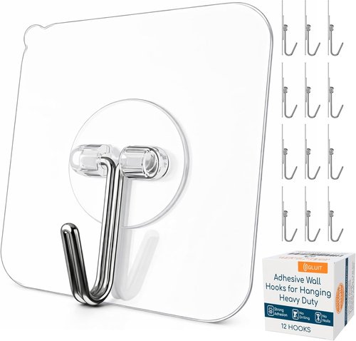 GLUIT Heavy Duty Adhesive Wall Hooks - No Drill, Waterproof, 22 lbs Capacity | 12 Pack for Home & Office