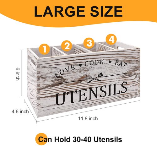 Rustic White Wooden Utensil Holder for Kitchen Counter Decor Extra Large Utensil Crock Organizer Silverware Caddy Farmhouse Wood Cutlery Holder Cooking Utensil Stand Storage kitchen Tools Holder