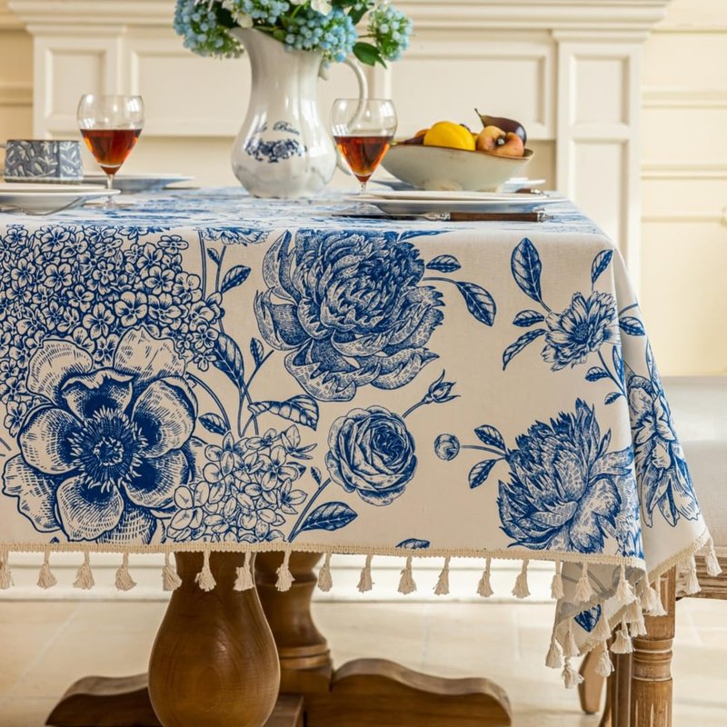 F-CHU Blue Floral Tablecloth Square Cotton Linen Table Cloth with Tassels for Restaurant, Picnic, Indoor and Table Cover Home Decoration 60x60-Inch