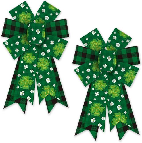 Heureppy Burlap Linen Wreath Bows - St. Patrick's Day Green Plaid Clover Decor | 2 Pack for Indoor/Outdoor Use