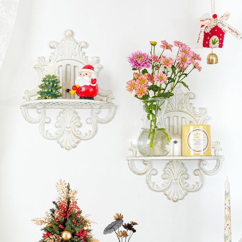 Sungmor 2-Piece Gothic Floating Shelves, Heavy-Duty Cast Iron, Small Old-Fashioned Wall Display Ledges, Antique White, Hanging Shelves for Indoor Outdoor Wall Decor
