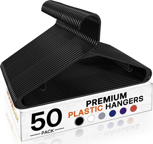 HOUSE DAY Black Plastic Hangers - Durable 50 Pack with Built-in Hooks | Space-Saving Closet Solution for Shirts, Coats, Dresses