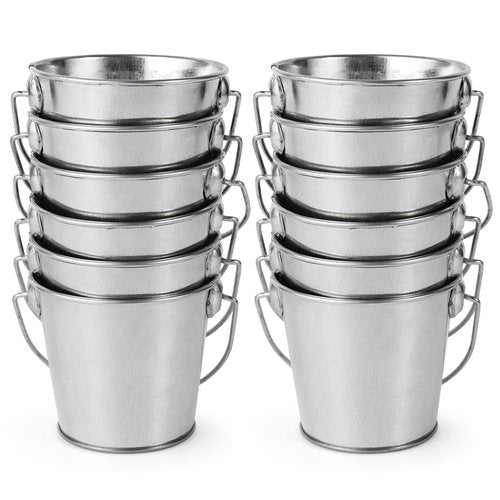 3.1" Galvanized Mini Tin Buckets – 12Pcs Silver Metal Buckets with Handle, Ideal for Party Favors, Bridal Shower and Craft Projects (Silver, 3.1")